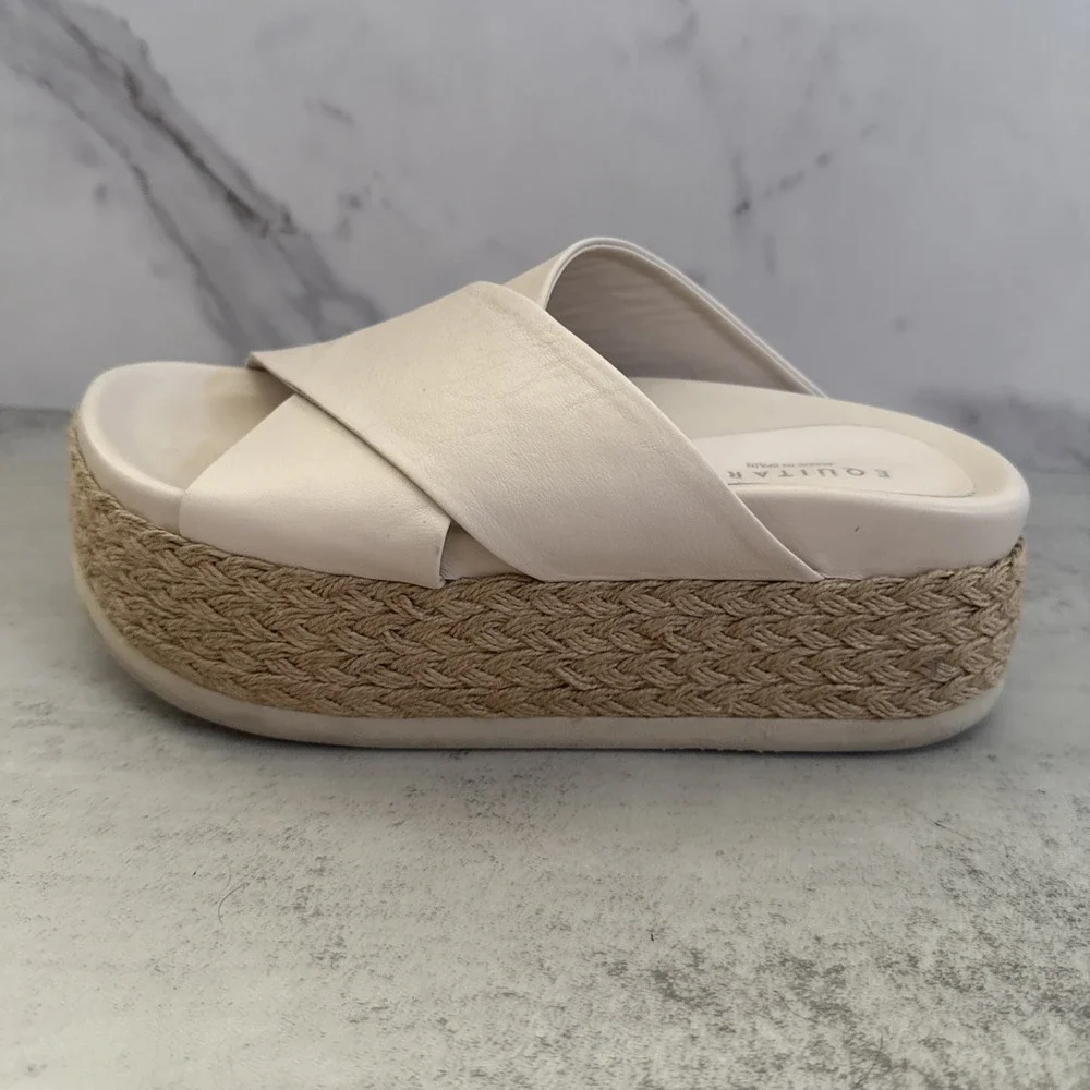 Equitare Platform Sandals Womens 8.5 Beige Espadrille Wedge Slides Spain